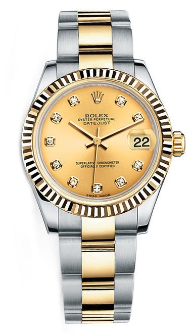 Rolex New Style Datejust Midsize Two Tone Fluted Bezel & Custom Diamond Dial on Oyster Bracelet P178273CDFO