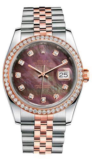 Rolex New Style Datejust Rose Two Tone Custom Diamond Bezel & Black Mother of Pearl Diamond Dial on Jubilee Bracelet