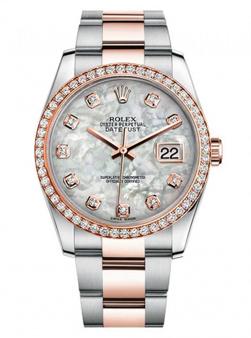 Rolex New Style Datejust Rose Two Tone Custom Diamond Bezel & Mother of Pearl Diamond Dial on Oyster Bracelet
