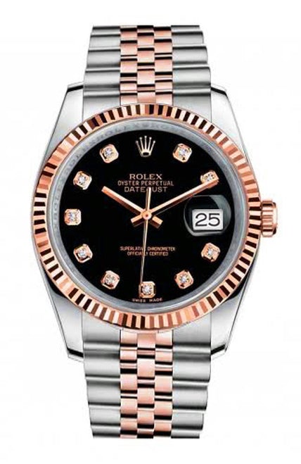 Rolex New Style Datejust Rose Two Tone Fluted Bezel & Black Diamond Dial on Jubilee Bracelet