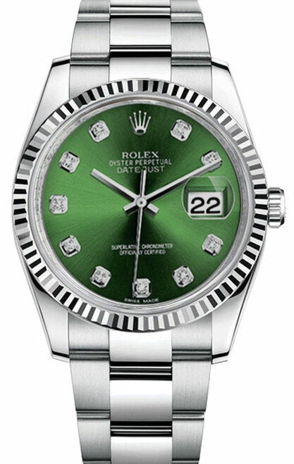 Rolex New Style Datejust Stainless Steel Fluted Bezel & Custom Green Diamond Dial on Oyster Bracelet