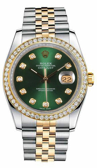 Rolex New Style Datejust Two Tone Custom Diamond Bezel & Green Diamond Dial on Jubilee Bracelet