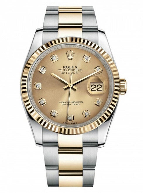 Rolex New Style Datejust Two Tone Fluted Bezel & Custom Champagne Diamond Dial on Oyster Bracelet