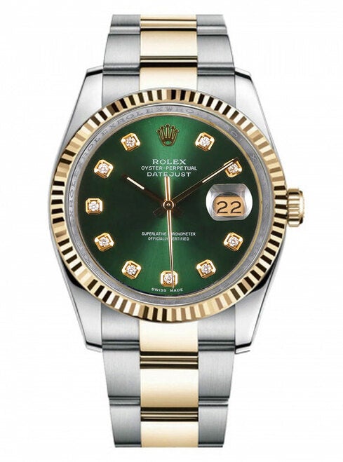 Rolex New Style Datejust Two Tone Fluted Bezel & Custom Green Diamond Dial on Oyster Bracelet