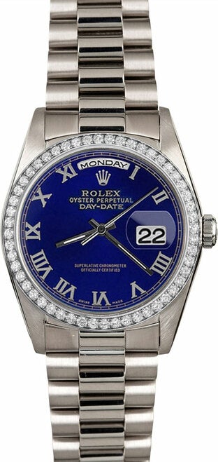 Rolex White Gold President 36mm Custom Diamond Bezel and Blue Roman Dial P18239LRD