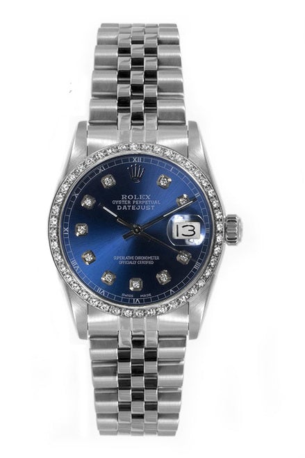 Rolex Women's Datejust Midsize Stainless Steel Custom Diamond Bezel Blue Diamond Dial