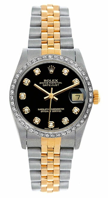 Rolex Women's Datejust Midsize Two Tone Custom Diamond Bezel Black Diamond Dial