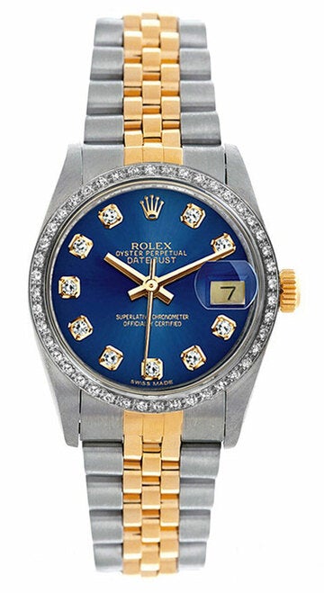 Rolex Women's Datejust Midsize Two Tone Custom Diamond Bezel Blue Diamond Dial