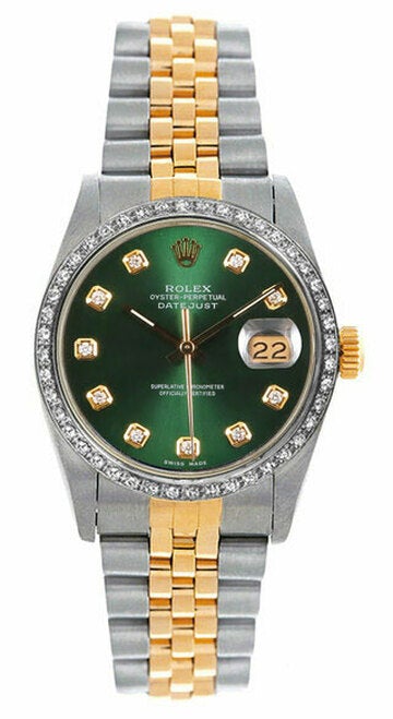 Rolex Women's Datejust Midsize Two Tone Custom Diamond Bezel Green Diamond Dial