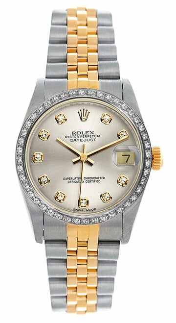 Rolex Women's Datejust Midsize Two Tone Custom Diamond Bezel Silver Diamond Dial