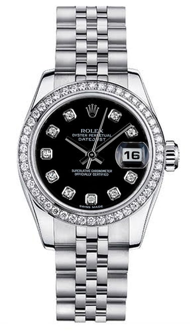 Rolex Women's New Style Steel Datejust with Custom Diamond Bezel and Black Diamond Dial