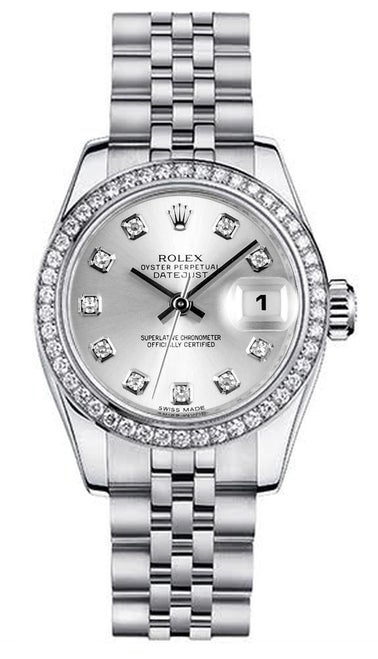 Rolex Women's New Style Steel Datejust with Custom Diamond Bezel and Silver Diamonds Dial