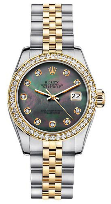 Rolex Women's New Style Two-Tone Datejust with Custom Diamond Bezel and Black Mother of Pearl Diamond Dial