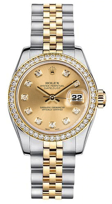 Rolex Women's New Style Two-Tone Datejust with Custom Diamond Bezel and Champagne Diamond Dial