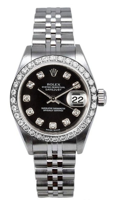 Rolex Women's Datejust Stainless Steel Custom Diamond Bezel & Black Diamond Dial