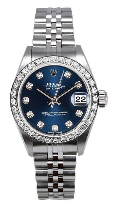 Rolex Women's Datejust Stainless Steel Custom Diamond Bezel & Blue Diamond Dial