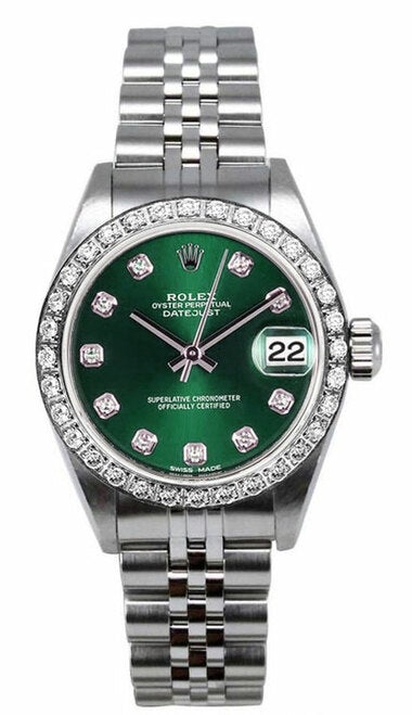 Rolex Women's Datejust Stainless Steel Custom Diamond Bezel & Green Diamond Dial