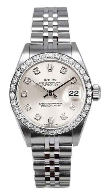Rolex Women's Datejust Stainless Steel Custom Diamond Bezel & Silver Diamond Dial
