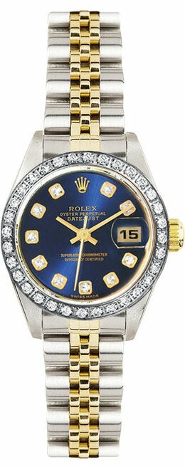 Rolex Women's Datejust Two Tone Custom Diamond Bezel & Blue Diamond Dial