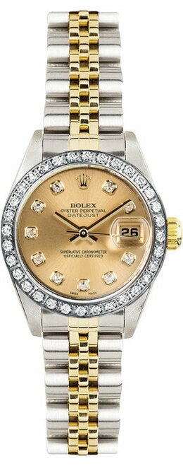 Rolex Women's Datejust Two Tone Custom Diamond Bezel & Champagne Diamond Dial