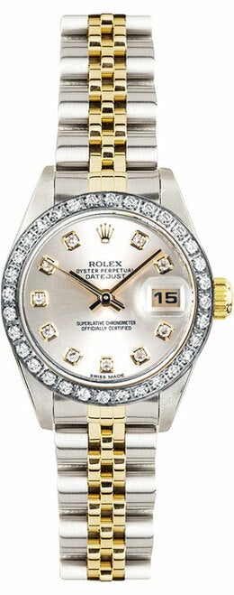 Rolex Women's Datejust Two Tone Custom Diamond Bezel & Silver Diamond Dial