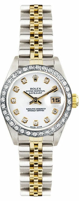 Rolex Women's Datejust Two Tone Custom Diamond Bezel & White Diamond Dial