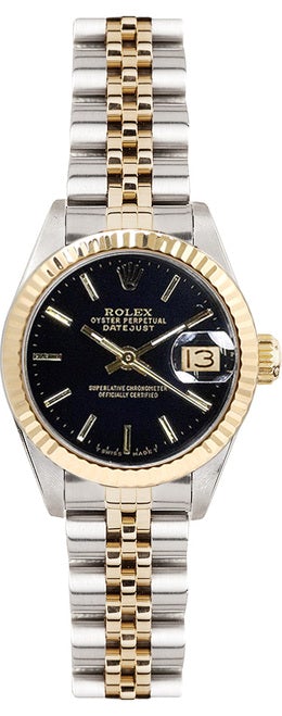 Rolex Women's Datejust Two Tone Fluted Black Index Dial