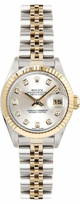 Rolex Women's Datejust Two Tone Fluted Custom Silver Diamond Dial
