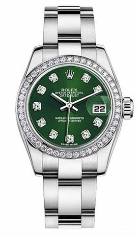 Rolex Women's New Style Steel Datejust Oyster Band with Custom Diamond Bezel and Green Diamond Dial