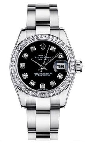Rolex Women's New Style Steel Datejust Oyster Band with Custom Diamond Bezel and Black Diamond Dial