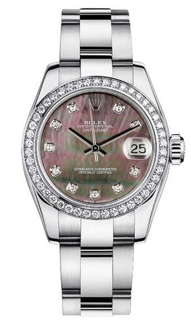Rolex Women's New Style Steel Datejust Oyster Band with Custom Diamond Bezel and Black Mother of Pearl Diamond Dial