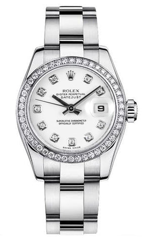 Rolex Women's New Style Steel Datejust Oyster Band with Custom Diamond Bezel and White Diamond Dial