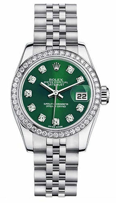 Rolex Women's New Style Steel Datejust with Custom Diamond Bezel and Green Diamond Dial