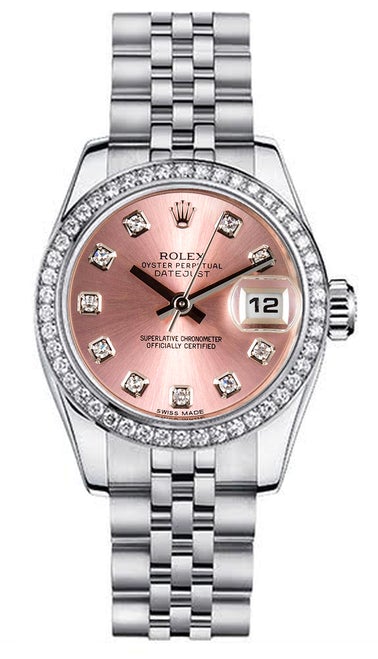 Rolex Women's New Style Steel Datejust with Custom Diamond Bezel and Pink Diamond Dial