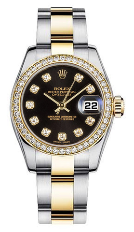 Rolex Women's New Style Two-Tone Datejust with Custom Black Diamond Dial on Oyster Band
