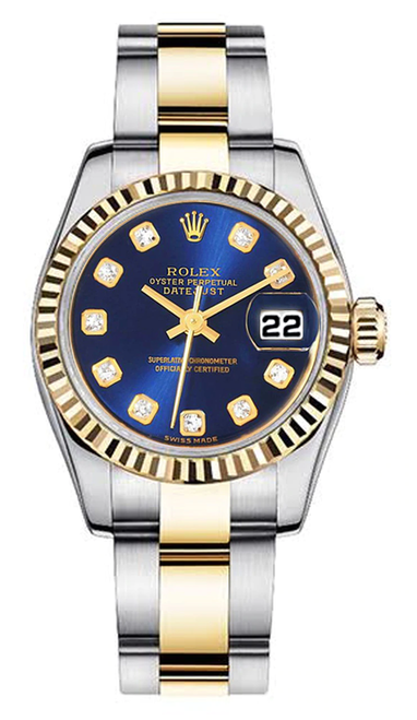 Rolex Women's New Style Two-Tone Datejust with Custom Blue Diamond Dial and Bezel on Oyster Band