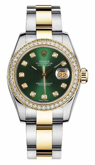 Rolex Women's New Style Two-Tone Datejust with Custom Diamond Bezel and Green Diamond Dial on Oyster Band