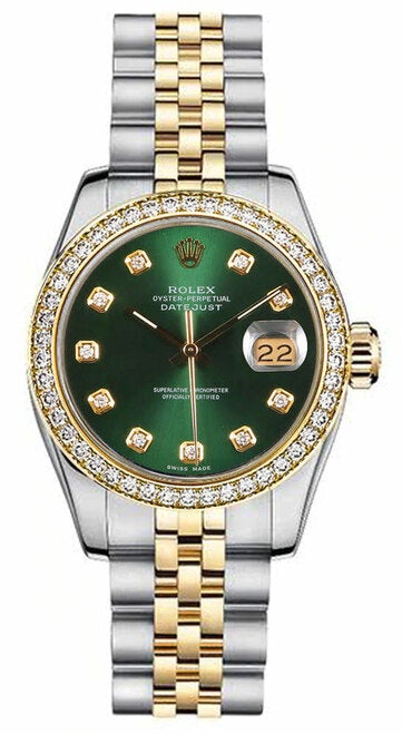 Rolex Women's New Style Two-Tone Datejust with Custom Diamond Bezel and Green Diamond Dial