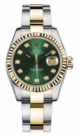 Rolex Women's New Style Two-Tone Datejust with Custom Fluted Bezel and Green Diamond Dial on Oyster Band