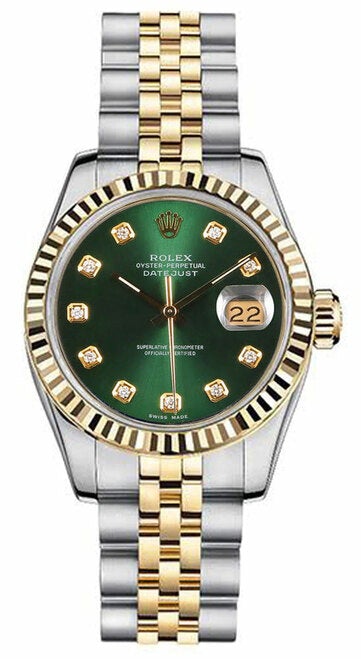 Rolex Women's New Style Two-Tone Datejust with Custom Fluted Bezel and Green Diamond Dial