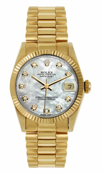 Rolex Women's President Midsize Fluted Custom Mother of Pearl Dial
