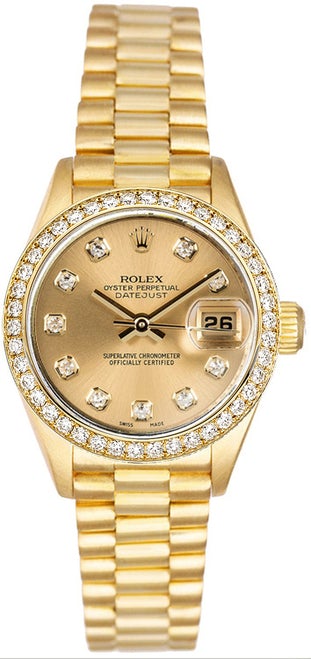 Rolex Women's President Yellow Gold Custom Diamond Bezel & Champagne Diamond Dial