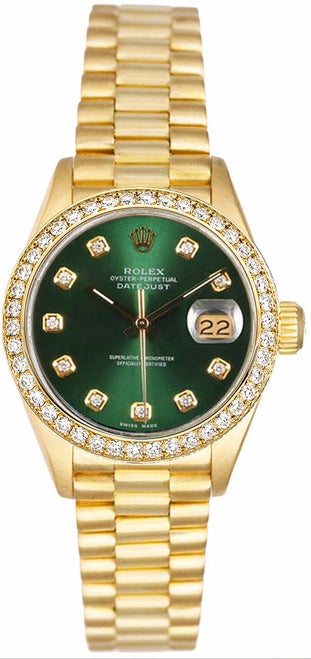 Rolex Women's President Yellow Gold Custom Diamond Bezel & Green Diamond Dial