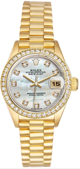 Rolex Women's President Yellow Gold Custom Diamond Bezel & Mother of Pearl Diamond Dial