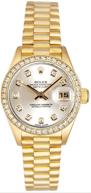 Rolex Women's President Yellow Gold Custom Diamond Bezel & Silver Diamond Dial