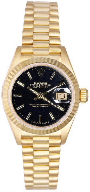 Rolex Women's President Yellow Gold Fluted Black Index Dial