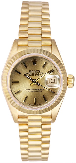 Rolex Women's President Yellow Gold Fluted Champagne Index Dial