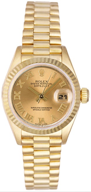 Rolex Women's President Yellow Gold Fluted Champagne Roman Dial