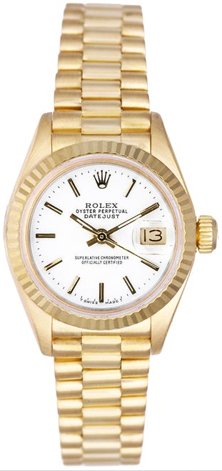 Rolex Women's President Yellow Gold Fluted White Index Dial