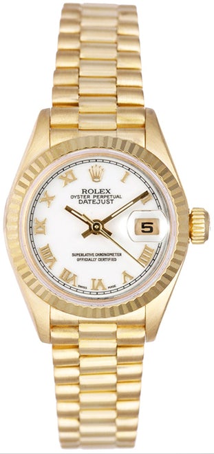Rolex Women's President Yellow Gold Fluted White Roman Dial